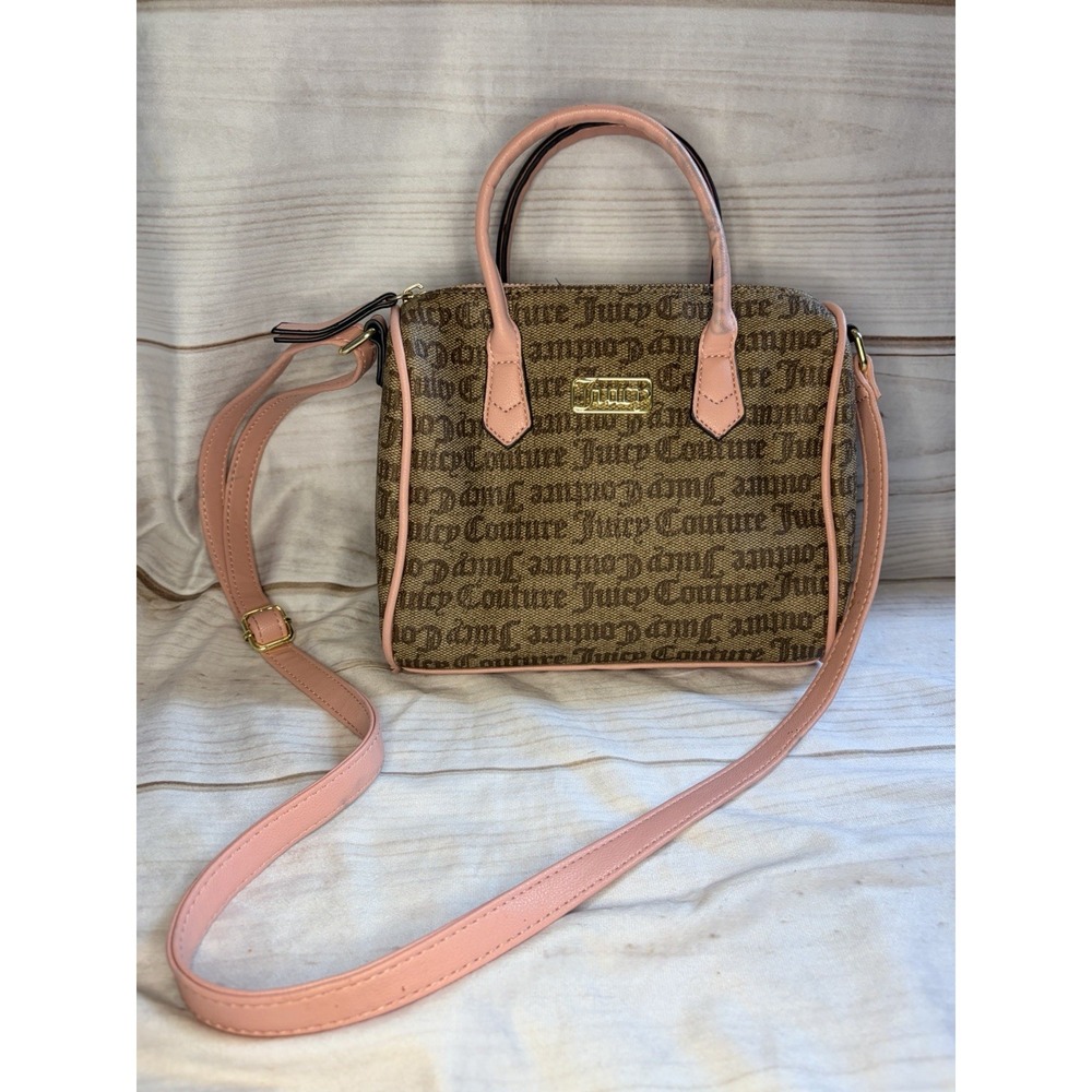 Juicy Couture Satchel Bag Pink Brown Logo Print Crossbody Y2K